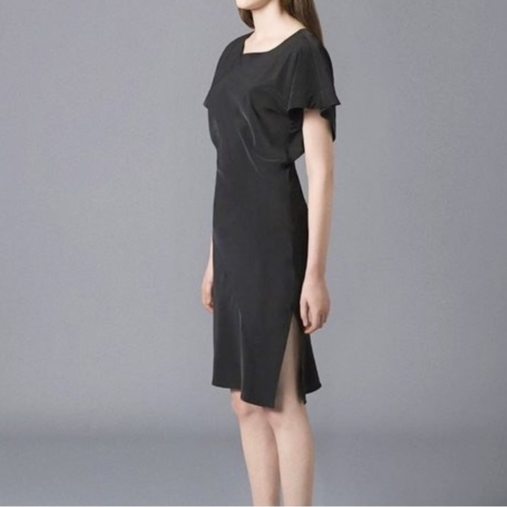 Women AllSaints Black Scoop Neck Short Sleeve Front Split Liana Slip Dress Sz 6